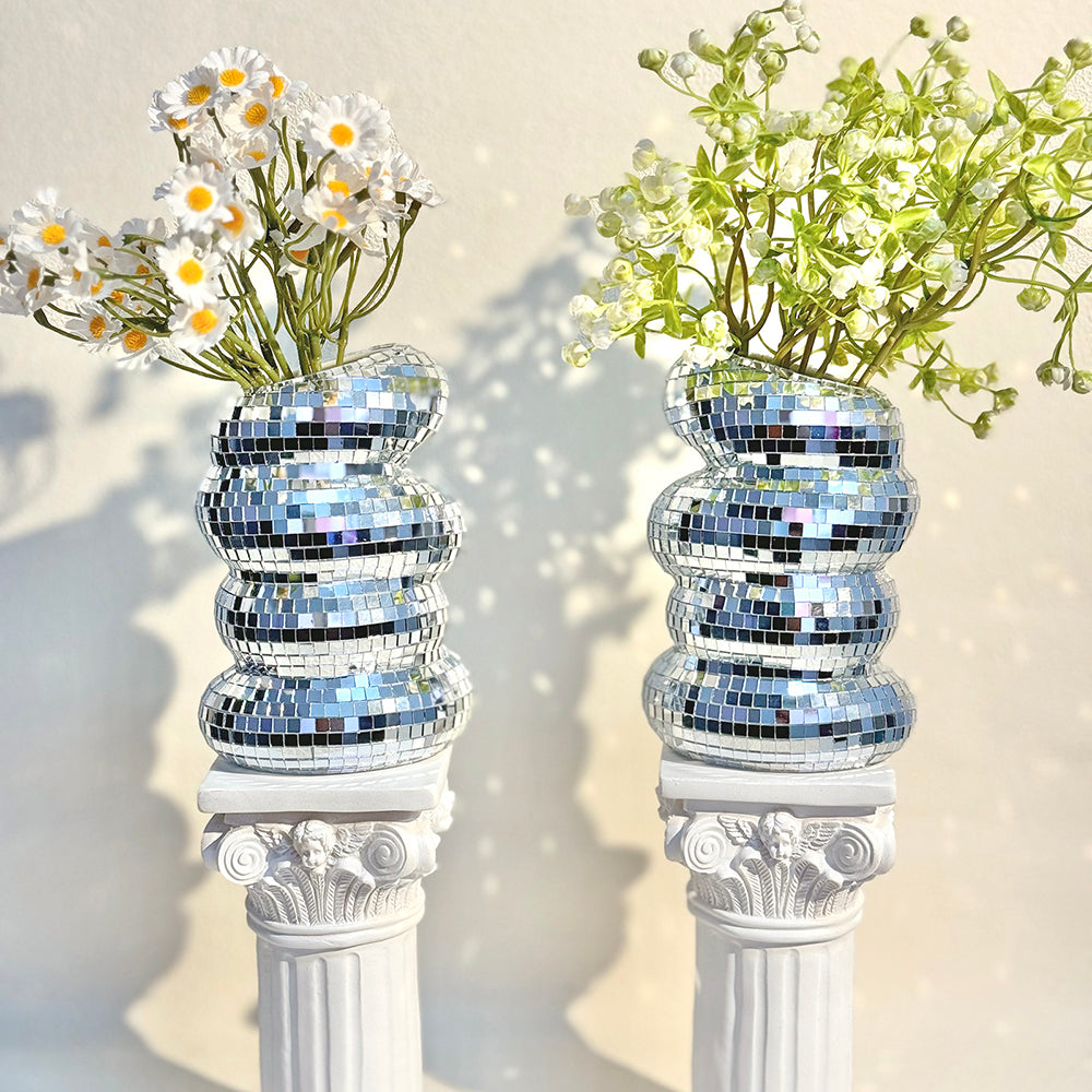 FngJiuyer Disco Ball Spiral Vase Unique Glass Tiles Flower Bottle Silver Mirror Vase