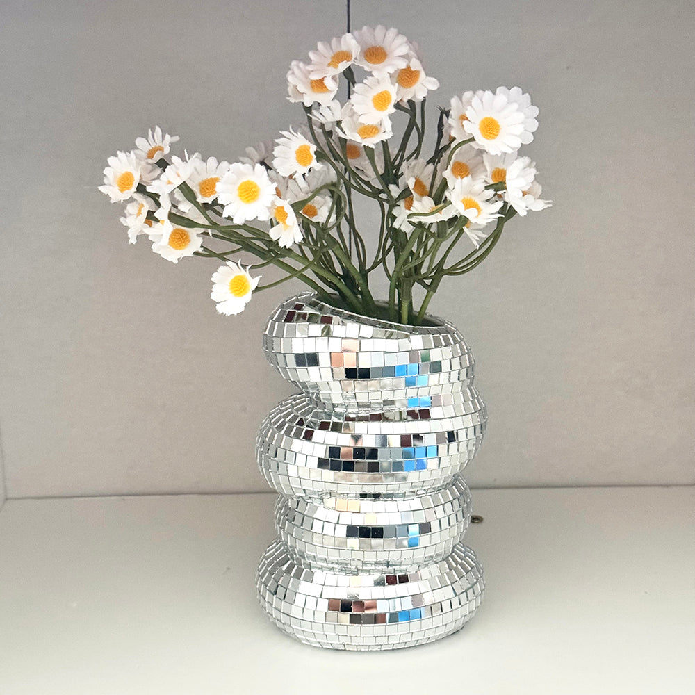 FngJiuyer Disco Ball Spiral Vase Unique Glass Tiles Flower Bottle Silver Mirror Vase