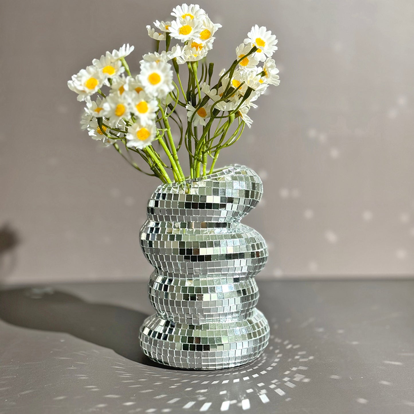 FngJiuyer Disco Ball Spiral Vase Unique Glass Tiles Flower Bottle Silver Mirror Vase