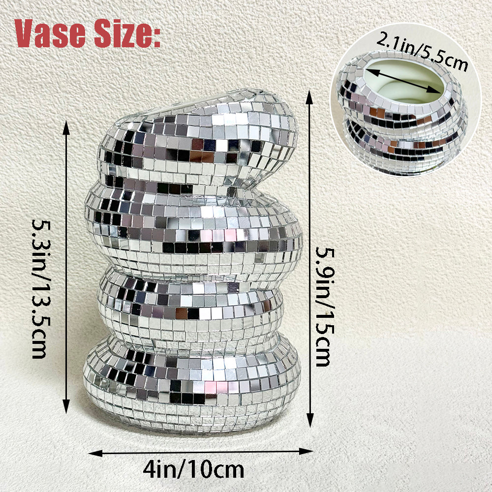 FngJiuyer Disco Ball Spiral Vase Unique Glass Tiles Flower Bottle Silver Mirror Vase