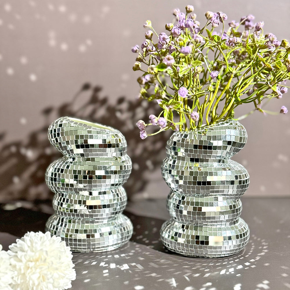 FngJiuyer Disco Ball Spiral Vase Unique Glass Tiles Flower Bottle Silver Mirror Vase