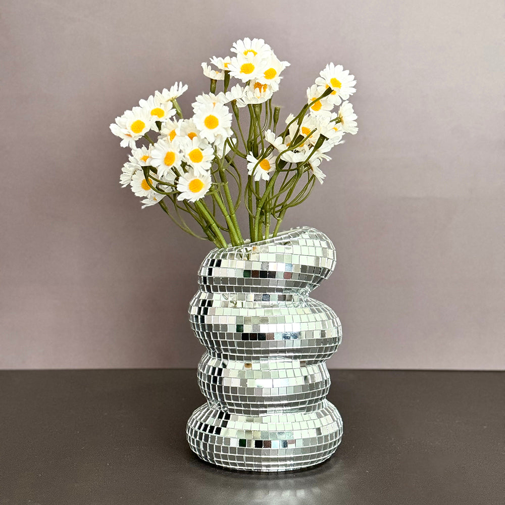 FngJiuyer Disco Ball Spiral Vase Unique Glass Tiles Flower Bottle Silver Mirror Vase